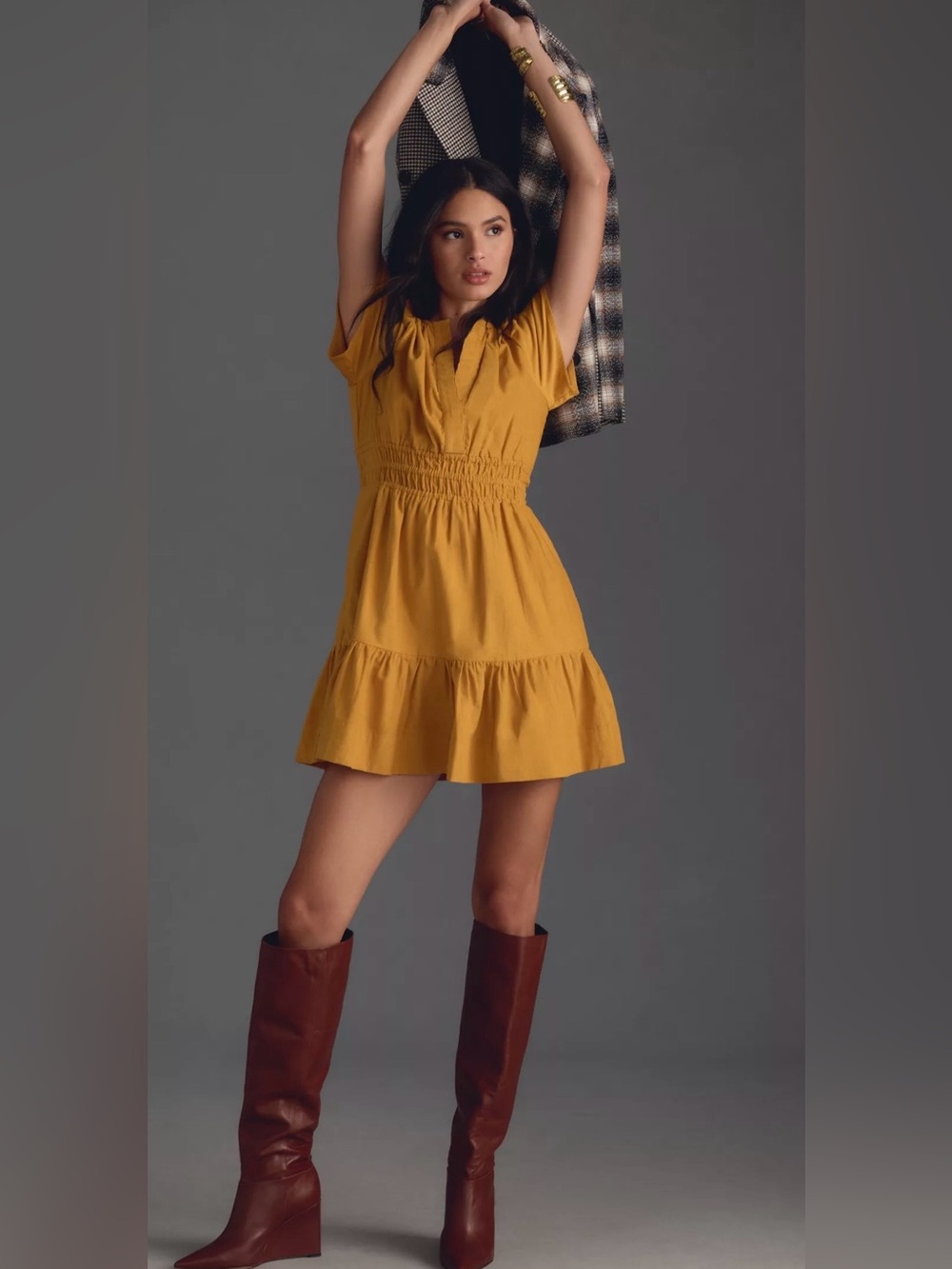 The Somerset Smocked Waist Tiered Mini Dress Corduroy Edition in Maize Size XSP